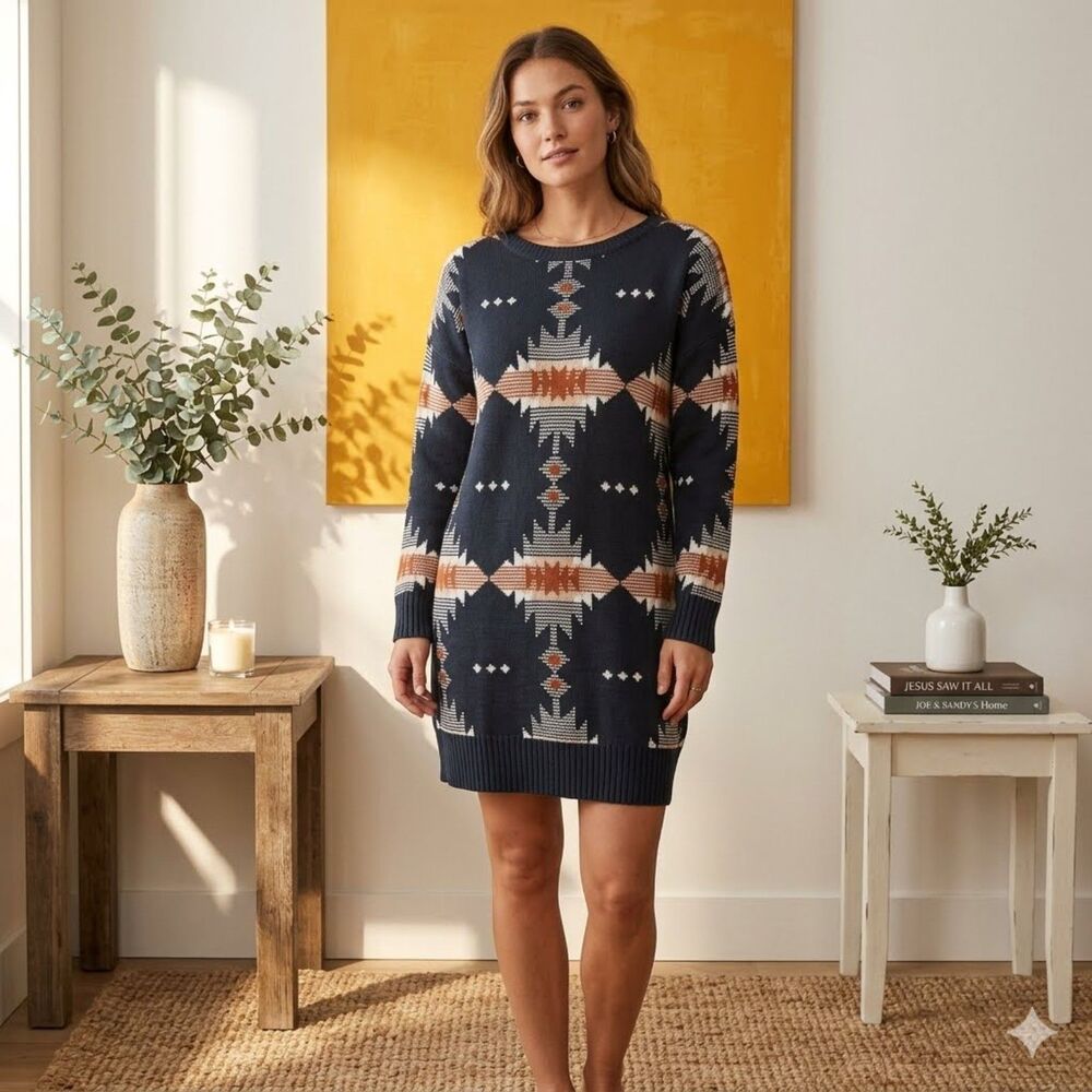 Esmara Sweater Dress Womens L Blue White Aztec Knit Boho Long Sleeve Crew Neck